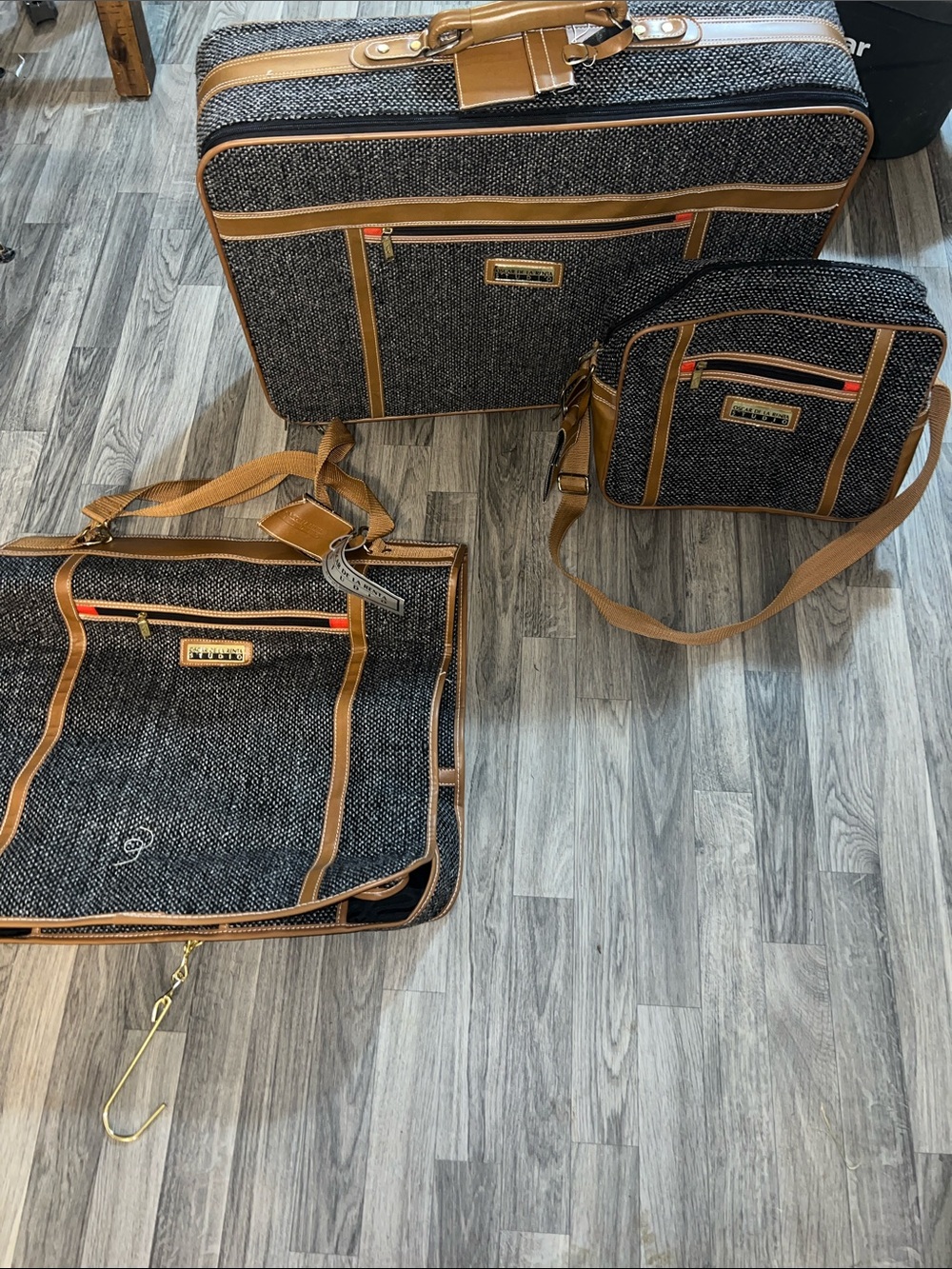 Three-Piece vintage Oscar De LaRenta Travel Bag Set Black tweed with Tan Trim